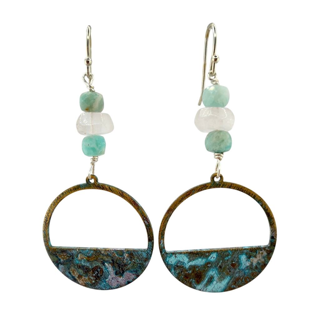 NEW Handcrafted Artisan Rose Quartz and Amazonite Patina Metal Dangle Earrings